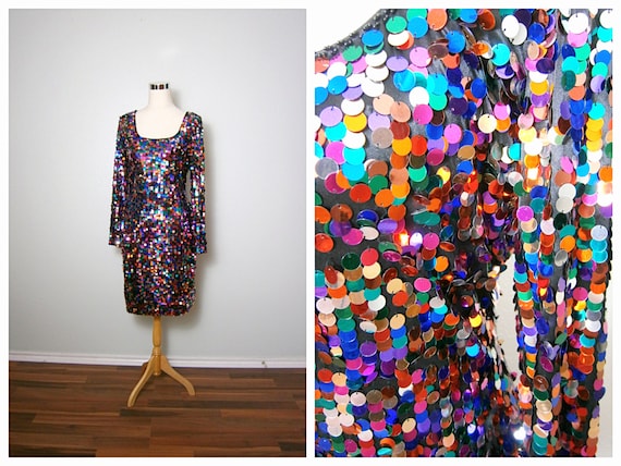 M/L Confetti Sequin Dress // Paillette Sequined Rainbow Dress // Colorful  Paillettes Embellished Dress 