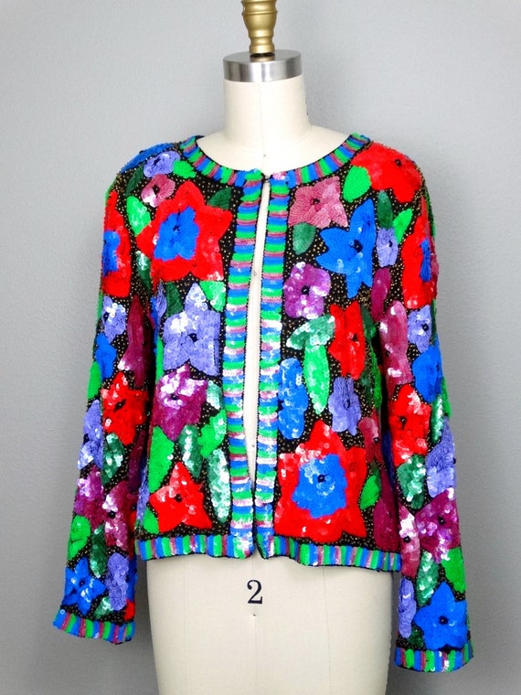 S/M Neon Sequin Floral Jacket / Bright Red Blue a… - image 2