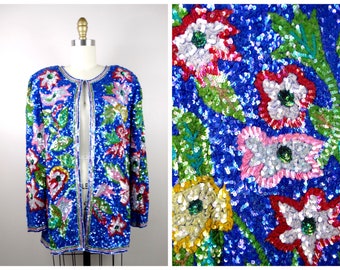 M/L Bright Blue Sequined Beaded Open Top // Colorful Floral Sequin Jacket // Vintage Sequined Blazer