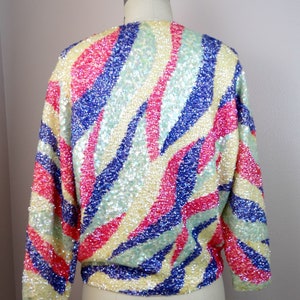 50s Sequin Embellished Cardigan / 1950s 1960s Iridescent Pink Purple and Yellow Pastel Sequined Vintage Sweater Jacket Shrug image 5