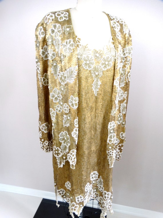 Metallic Gold Sequin Pearl Beaded Dress + Long Ja… - image 6