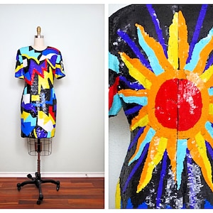 S/M Sunburst Sequin Dress / 80s Retro Bursting Sun Dress / Abstract Artsy Beaded Sequined Statement Dress