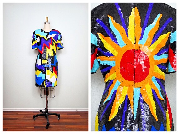 S/M Sunburst Sequin Dress / 80s Retro Bursting Sun Dress / Abstract Artsy Beaded Statement Dress S/M Sunburst Sequin Dress / 80s Retro Bursting Sun Dress / Abstract Artsy Beaded Statement Dress