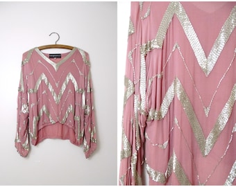 Rougeroze dolmantop met lange mouwen / Judith Ann Creations oversized oversized oudroze mauve blouse met zilveren kralen en kralen