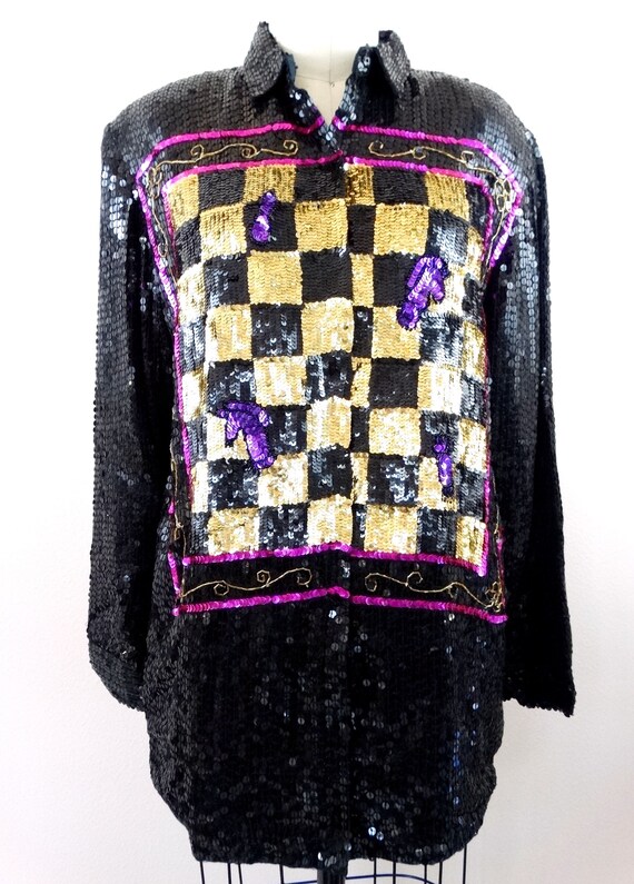 RETRO Sequin Chessboard Button Down Top / Black a… - image 2