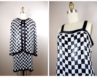 RETRO Fully Sequined Checkered Dress and Jacket ‣ Black and White Vintage Sequin Checkerboard Dress Suit Ensemble