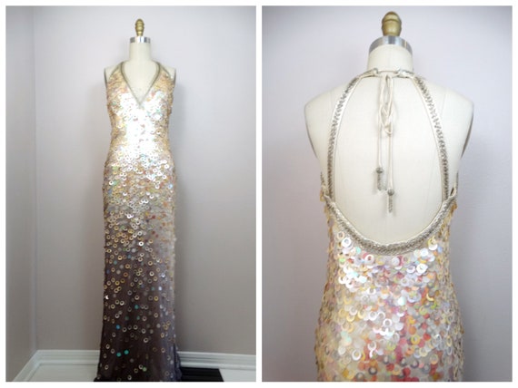 Champagne Gold Sequin Gown • Iridescent Paillette Sequined Bridesmaid Dress  • Open Back Ombre Halter Gown