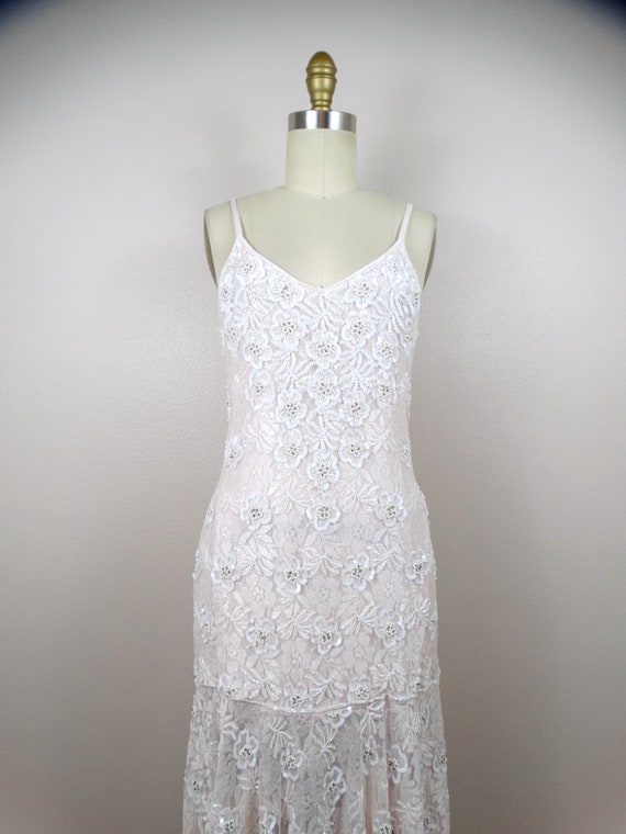 70s Blush Pink Lace Pearl Beaded Sequined Dress /… - image 2