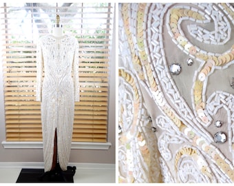 Vintage Crystal Beaded Wedding Dress / Heavy All Bead and Sequin Gown / Heavily Embellished Rhinestone Wedding Gown
