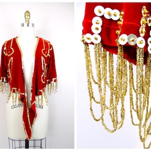 Boho Sequined Beaded Vest // Bohemian Vintage Velvet Gold Sequin Fringe Shrug // Festival Bolero w/ Fringed Beading