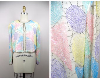 Pastel Beaded Bolero Shrug / Vintage Silk Embellished Cardigan / Light Cropped Bridal Jacket