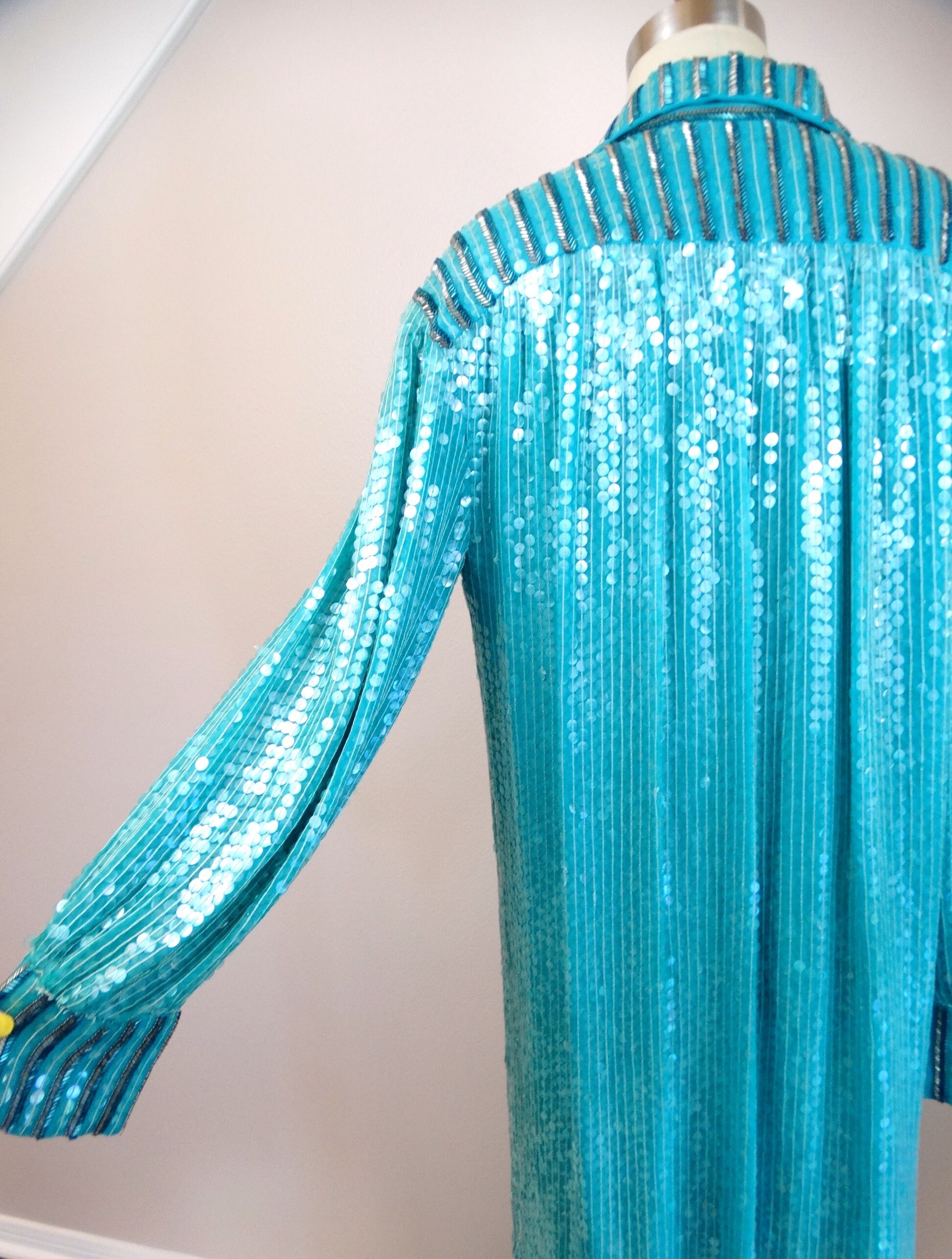 Turquoise Sequined Shirtdress / Vintage Blue Sequin Embellished Long Tunic / Fully Sequined Beaded Long Shirt Dress by Saks Fifth Ave