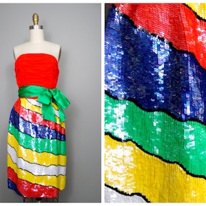 70s 80s Couture Sequin Dress / RARE Vintage Designer Neon Sequined Cocktail Dress by Ann Lawrence