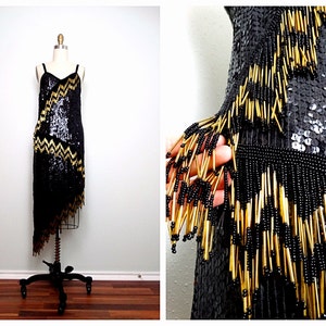 VTG Gold Beaded Fringe Sequin Asymmetrical Hem Dress / Black Fully Sequined Salsa Dancing Dress