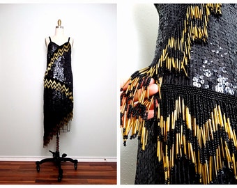 VTG Gold Beaded Fringe Sequin Asymmetrical Hem Dress / Black Fully Sequined Salsa Dancing Dress