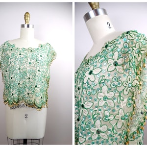 70s Beaded Sequined Vintage Crop Top // Sheer Green and Gold Bead Embellished 1970s Poncho Top