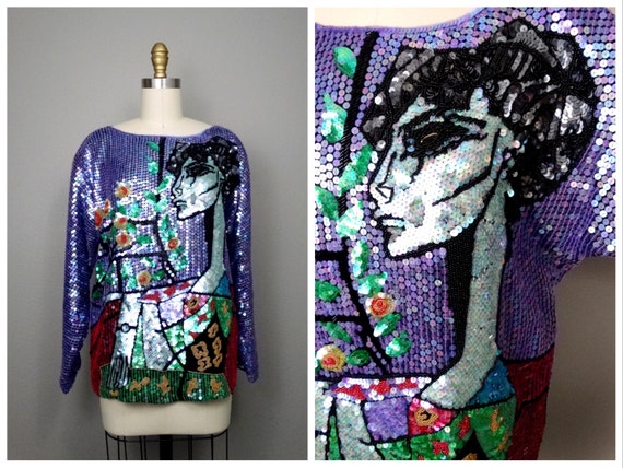 RARE Picasso Sequined Top // Abstract Art Fully Em
