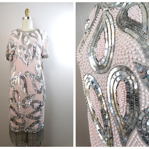 M/L Pastel Pink Pearl Beaded Fringe Dress // Silver Sequin Embellished Dress // Fully Beaded Sequined Dress