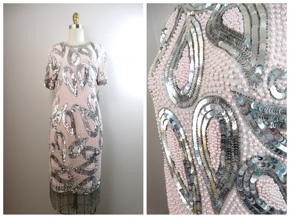 Pastel Pink Pearl Beaded Fringe Dress // Silver Se