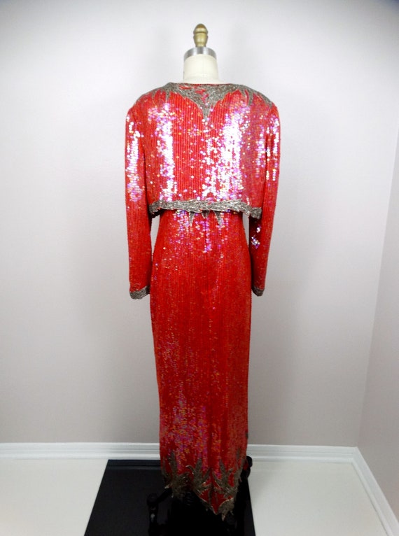 M/L Red Silk Sequined Beaded Evening Gown w/ Bole… - image 6