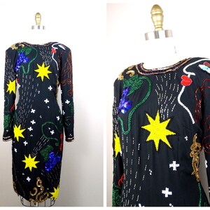 90s Funky Art Beaded Sequin Dress / Abstract Sequined Novelty Dress US Size 6