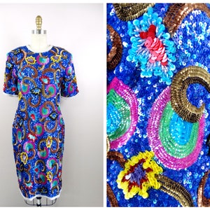 RARE Vintage Sequin Dress / Swirly Retro Rainbow Hand Beaded Trophy Dress