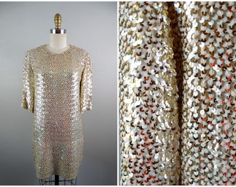 Mod Sequined Mini Dress ‣ 60s Short Sequin Dress ‣ Gold Embellished Micro Mini ‣ Retro Twiggy Mini Dress