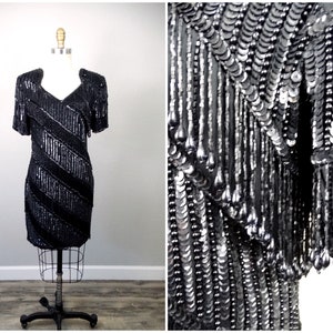 All Over Beaded Fringe Sequin Dress // Black Fringed Beaded Cocktail Dress // Embellished Tassels Dress // LBD