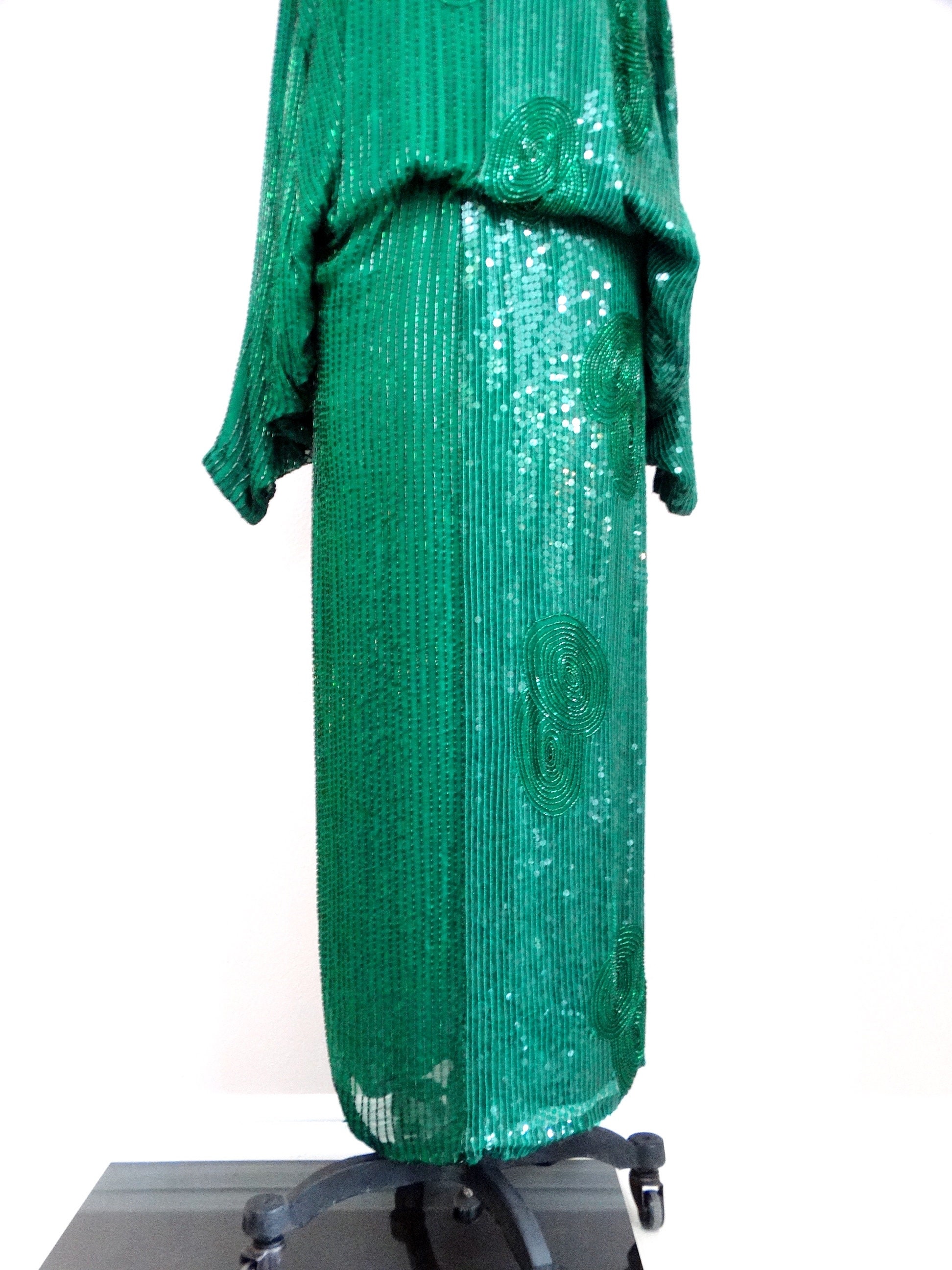 Emerald Green Sequin Gown, Heavily Beaded Silk Formal Dress - Etsy