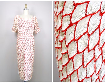 Vintage 50er/60er Couture Perlenkleid • Rot & Elfenbein Pailletten verziert