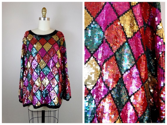 Plus Size Argyle Sequin Top // Bright Pink Red Gr… - image 1