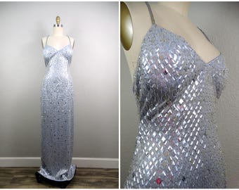VTG Clear Sequined Gown ‣ Mirror Silver Sequin Full Length Dress ‣ Busty Embellished Diamond Dress