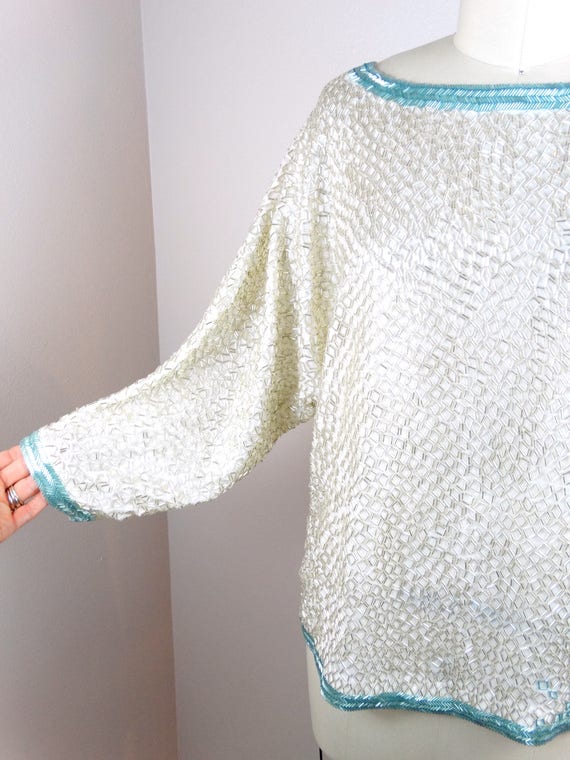 HEAVY Fully Beaded Top // Heavily Embellished Sil… - image 3