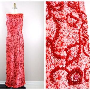 50s 60s Beaded Sequined Gown // Mid Century Art Deco Red Sequin Embellished Full Length Dress