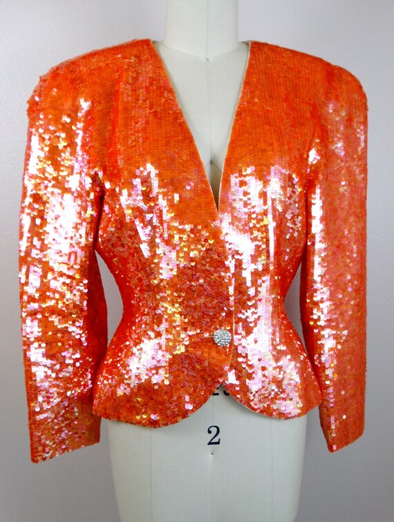 S/M Orange Sequin Blazer // Bright Sequined Vinta… - image 2