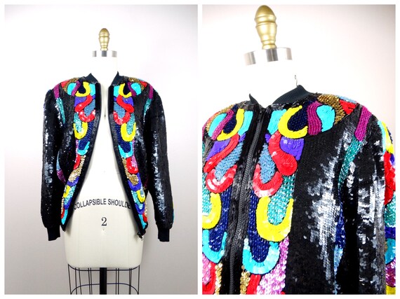 80s Neon Sequined Jacket / Bright Retro Sequin Bom