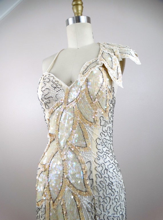 VTG Ivory Sequined Gown / Iridescent White and Silver Beaded Cream Sequin  Leaf Dress - Etsy
