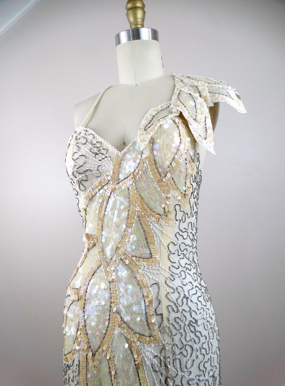 VTG Ivory Sequined Gown / Iridescent White and Si… - image 2