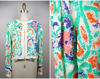 L/XL Colorful Pastel Sequin Bolero // Bright White Mint Green Orange and Purple Sequined Beaded Jacket Large XL