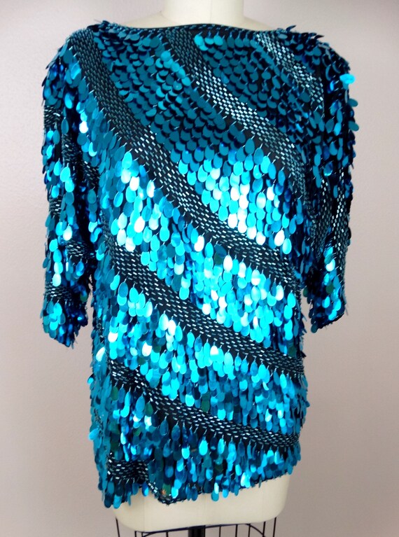 Turquoise Paillette Sequin Embellished Top / All … - image 2