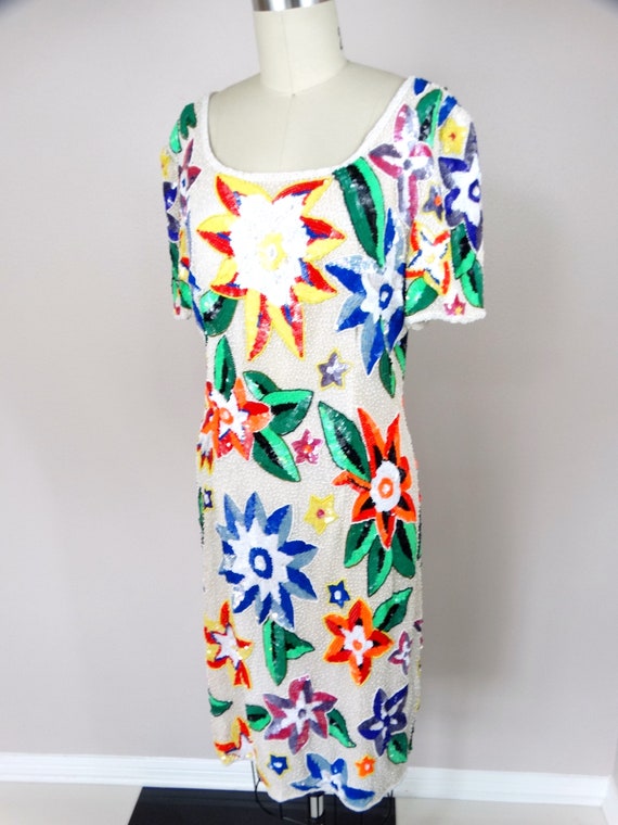 90s Neon Sequin Floral Dress // Bright Vintage Be… - image 6