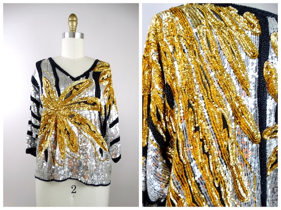 M/L Vintage Sequin Top / St. Martin Mirror Silver… - image 1