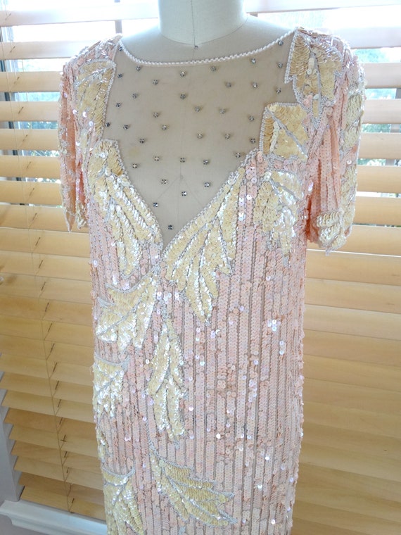 VTG Pink & Ivory Sequin Gown // Iridescent Vintag… - image 2