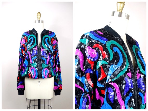 Bright Sequin Bomber Jacket / 1980's Sequined Var… - image 5