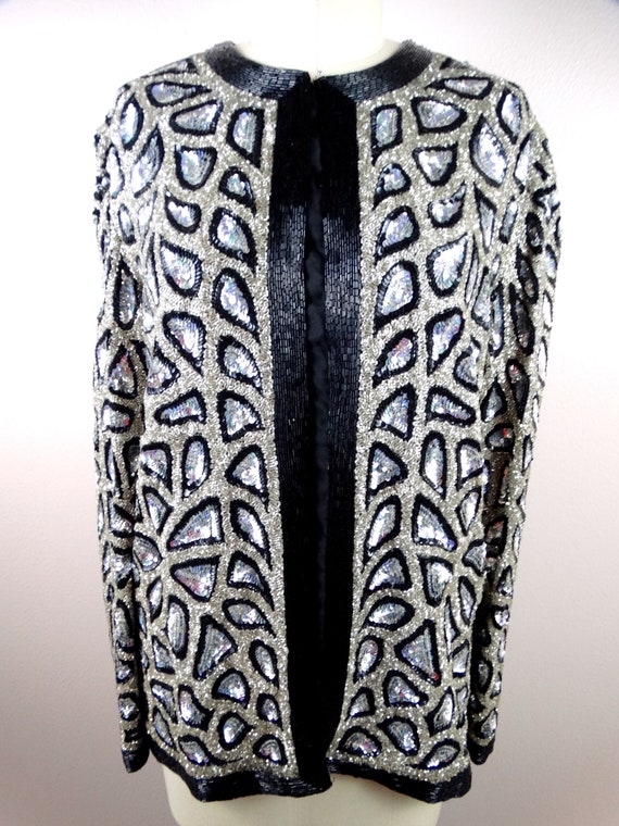 S/M HEAVY Beaded Holographic Sequin Jacket // Iri… - image 6