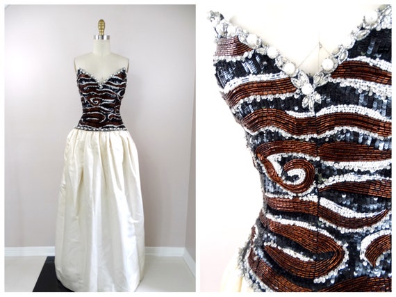 80s Gala Embellished Ballgown // Pearl Beaded Seq… - image 3