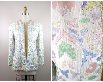 RARE Oscar De La Renta Sequin Jacket / Vintage Designer Couture White Pastel Beaded Jacket