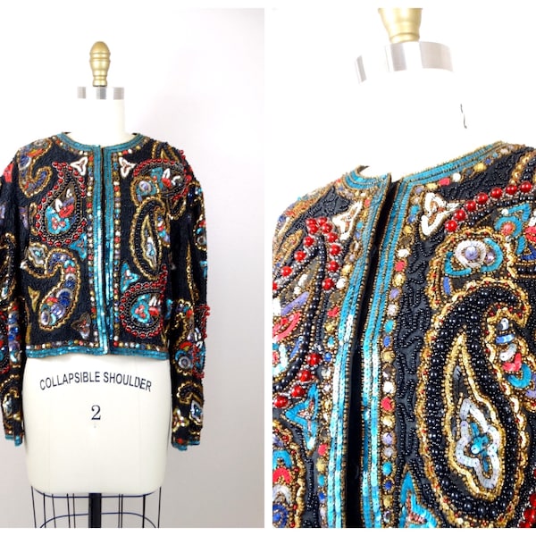 HEAVY Jewel Beaded Bolero / Vintage Designer Couture Sequin Bejewel Crop Jacket by Jeanette for St. Martin