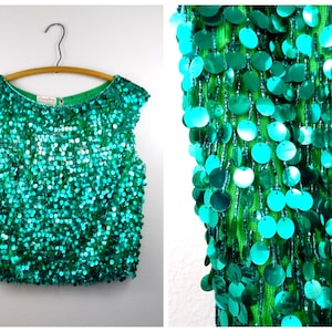 50s 60s Paillette Sequin Beaded Fringe Top // Emerald Green Fringed Sequined Beaded Top