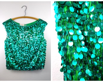 50s 60s Paillette Perlen Fransen Top // Smaragdgrünes Pailletten Perlen Top mit Fransen